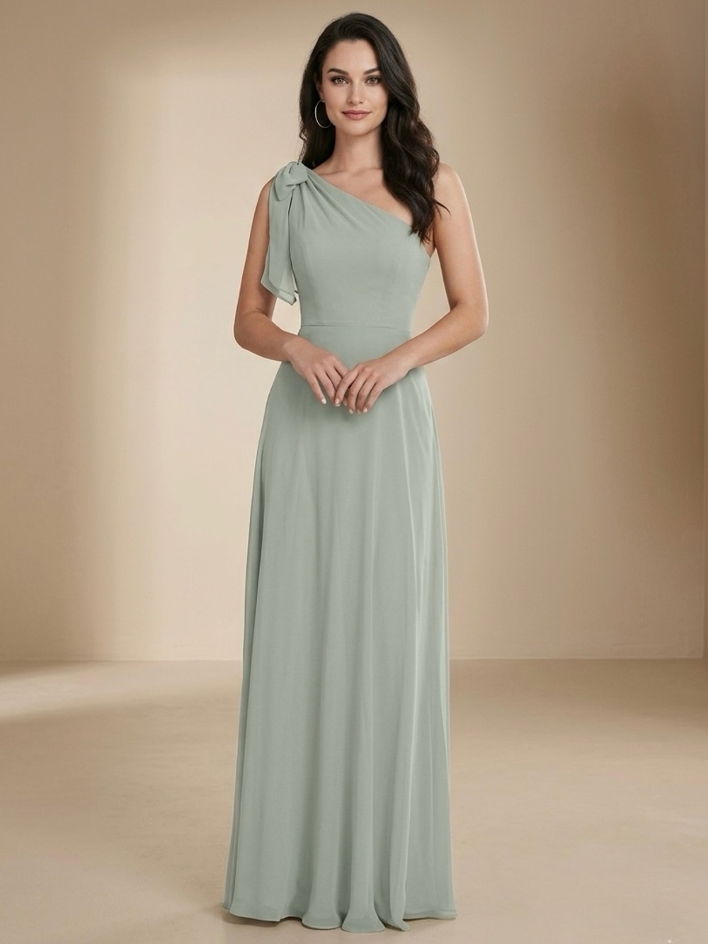After Six by Dessy Draped 1-Shoulder Maxi Dress w/Scarf Bow, Willow Green Size 2